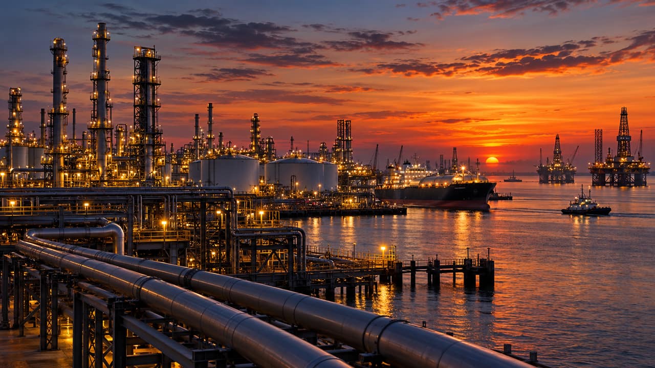 Gulf Coast refinery at sunset, with distillation columns, storage tanks, pipelines, and a tanker at the dock.