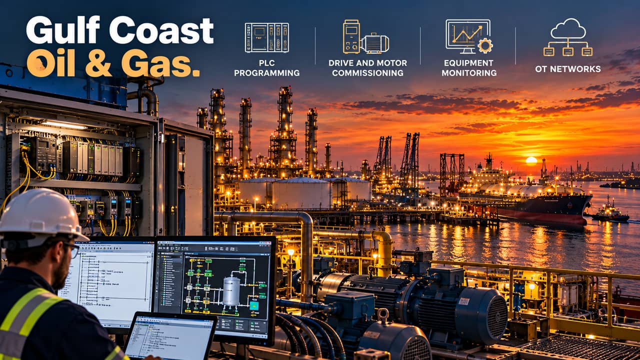 Engineer at a control panel overlooking a Gulf Coast refinery and tanker at sunset.