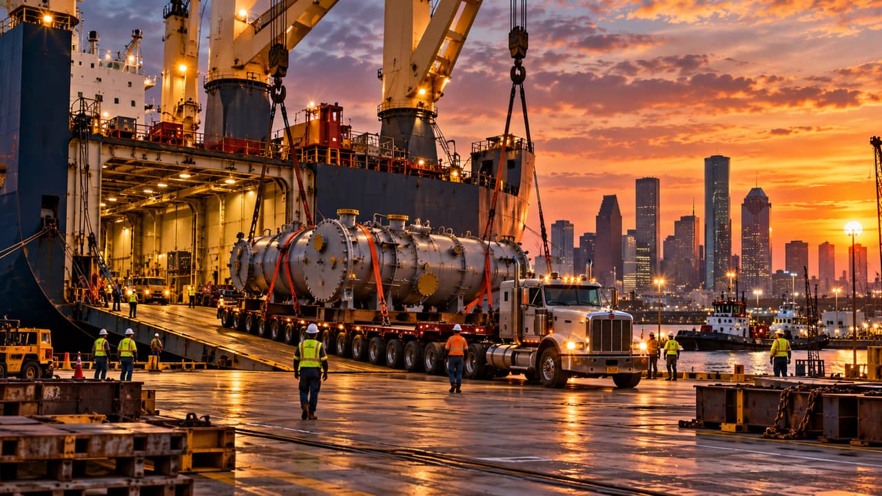 Heavy-lift cargo moving from a ship onto a multi-axle trailer at an industrial harbor at sunset.