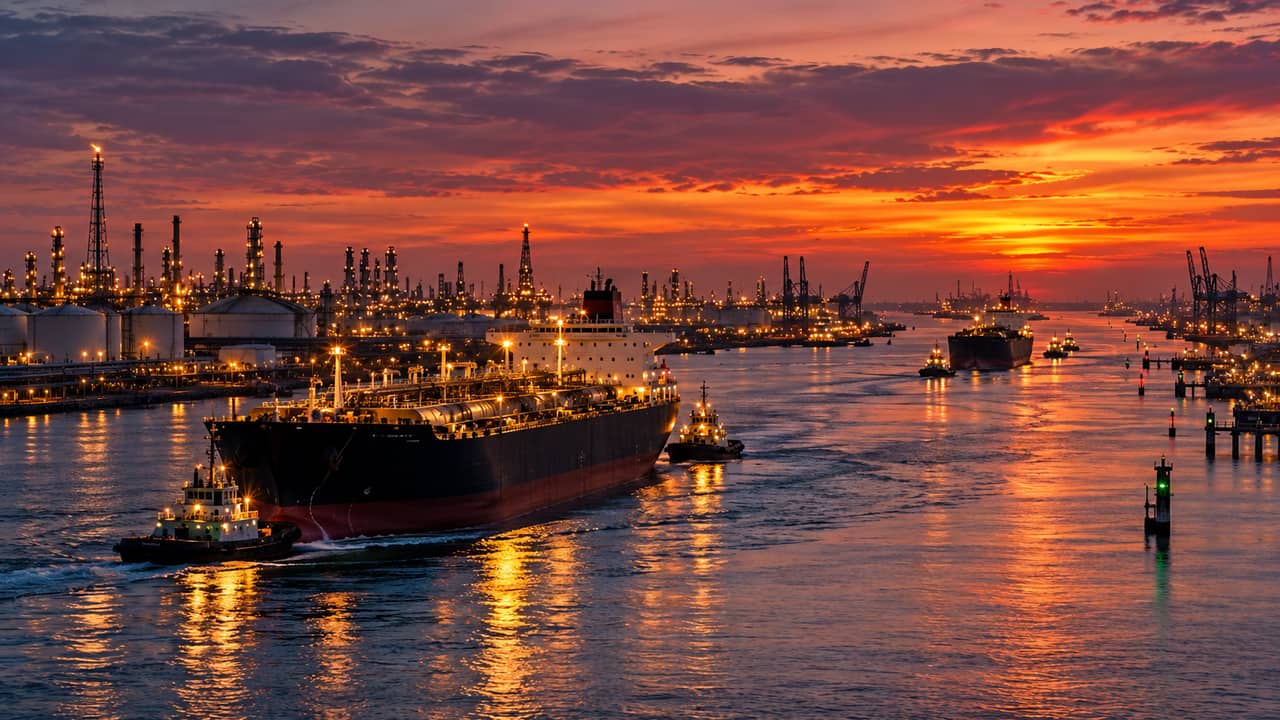 Tanker and tugboats in an industrial harbor at twilight, with a refinery lit along the shore.